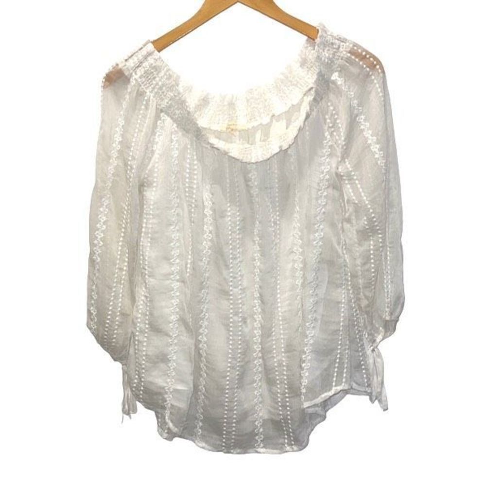 Mystree Womens Peasant Embroidered Chiffon Sheer‎ Blouse Ivory Size Small